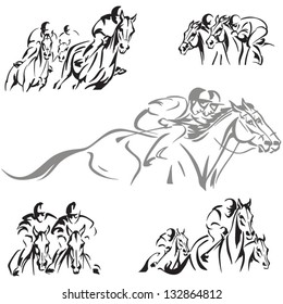 Horse racing themes Dynamic horse-racing scenes based on brush drawings.