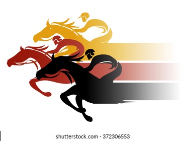 Horse Racing.
Three racing jockeys at Full Speed. Colorful illustration on white background. Vector available.
