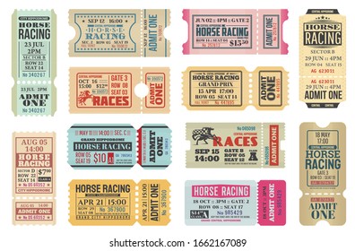 Horse racing ticket vector templates of equestrian sport competition. Hippodrome event admit one cards with race horse animals, jockey riders and racing flags, old paper tickets and invitations design