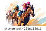 Horse racing tournament flat style colorful vector illustration with 3 jockeys sprinting with horses.