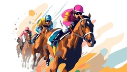 Horse Racing Tournament Flat Style Colorful Vector Illustration With 3 Jockeys Sprinting With Horses.