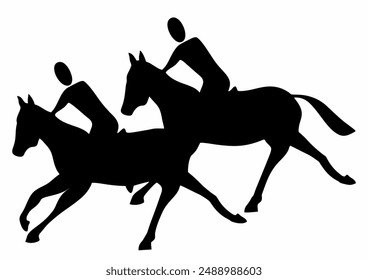 horse racing, two horses with jockeys, black silhouette, vector illustration