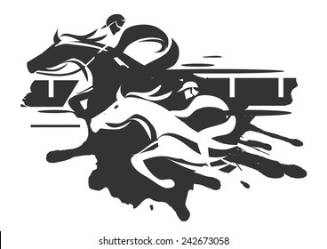 Horse racing. Two racing jockeys at Full Speed.  Black Vector illustration on white background 