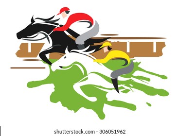 Horse racing.
Two racing jockeys at Full Speed.  Colorful  Vector illustration on white background
