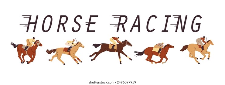 Diseño de Anuncio plano de Vector de carreras de caballos. Jinetes corriendo en un caballo. Hipódromo de competición de deporte animal. Campeonato equino de dibujos animados. Ecuestre, Derby