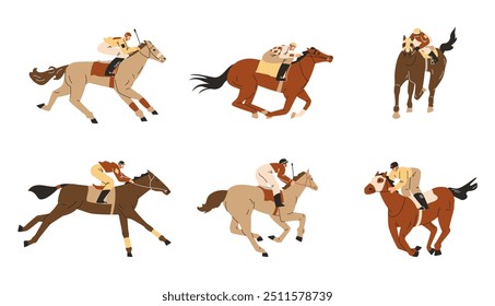 Horse racing vector flat illustrations set. Jockey sprinting on a horse. Hippodrome animal sport competition. Cartoon equine championship isolated on white. Equestrian, Derby