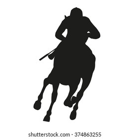Horse racing, vector silhouette running horse and jockey. front view