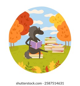 Horse reading book autumn landscape cartoon vector illustration. Smart mare horse learns. Comic purebred stallion back to school. Funny flat character animal. Drawing seasonal design for children