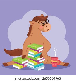 horse reads, in glasses, reading, reader, love to read, books, textbooks, school, reading club, courses, training, preschool development, work, coffee, surprise, horse sticker, stack of books, print