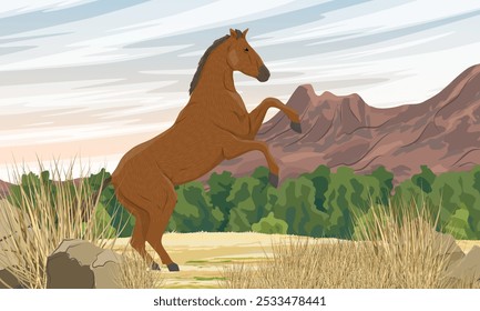 Caballo criado en una llanura seca cerca de una cordillera. Caballos salvajes y de granja. Paisaje de Vector realista