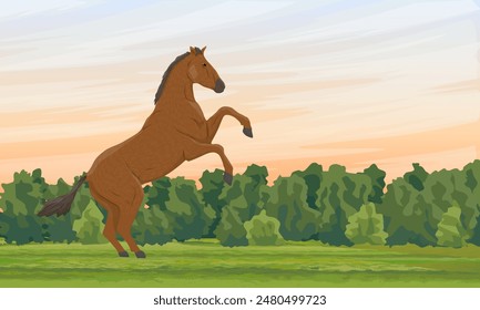 Caballo criado en un campo verde. Caballos salvajes y de granja. Paisaje de Vector realista