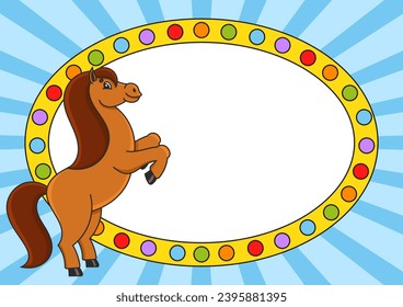 Horse reared up. Cartoon style. Color bright illustration. With place for your text. For circus advertisements, advertising.