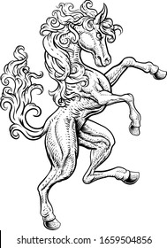 A horse rearing rampant on its hind legs in a coat of arms crest woodcut style 