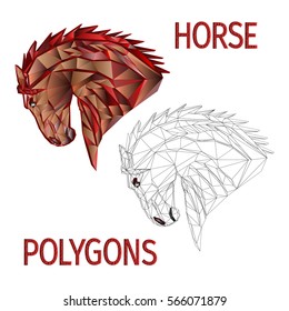 Horse red head polygons coloured and outline vector illustration