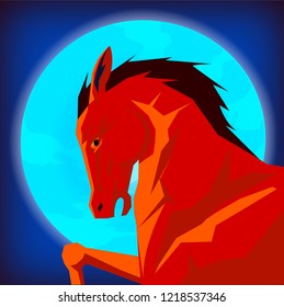 Horse red head profile graphic logo template. vector illustration on night fullmoon background.