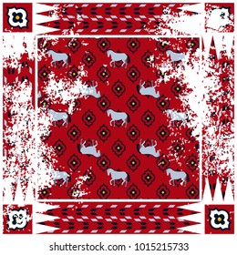 Horse red rough rug vector square design. Persian style vintage rug decor with loose texture.