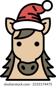 A horse with a red Santa hat on its head. The hat is a festive and cheerful addition to the horse's appearance. The horse is wearing a red hat, which is a popular symbol of Christmas