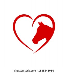 Horse red vector head face outline silhouette drawing illustration in heart frame shape on white background .Love horses sign icon.T shirt print.Laser Cut. Plotter Cutting. Vinyl wall sticker decal