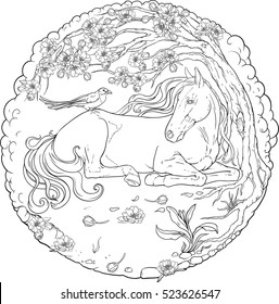 Horse resting beneath a tree. Coloring page.