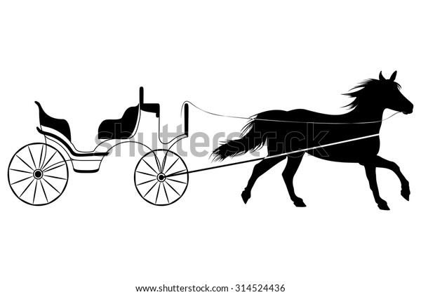 Horse with Retro Carriage for Wedding. Drawn\
isolated on White\
Background