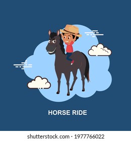 Horse ride with child sitting on back of horse in outdoor and having fun on blue background flat concept design