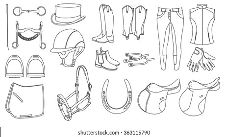 horse ride equipment icon set. Thin icon, web design, page element. Horse sport clothing.