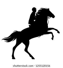 horse and rider black vector silhouette - rearing up animal and horseman outline