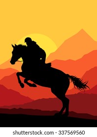 Horse with rider countryside landscape equestrian sport vector background concept