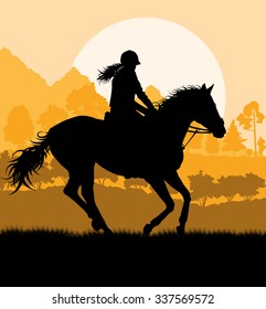 Horse with rider countryside landscape equestrian sport vector background concept