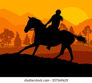 Horse with rider countryside landscape equestrian sport vector background concept