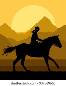 Horse with rider countryside landscape equestrian sport vector background concept