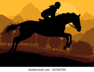 Horse with rider countryside landscape equestrian sport vector background concept