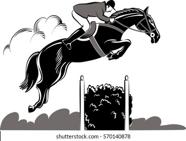 Horse and rider during a jumping competition hurdles.