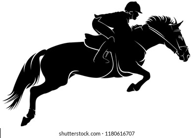 Horse rider in equestrian jumping event depicted in a side-on silhouette vector drawing. Also called horsemanship, the art of handling horses, particularly the art of riding and jumping over obstacles