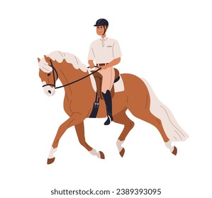 Jinete de caballos. Caballo ecuestre, semental. Paseando a caballo de animales equinos. Caballo con sombrero de montura, trote de corcel. Ilustración vectorial gráfica plana aislada en fondo blanco