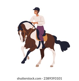 Jinete de caballos. Cabalgata ecuestre, sentada en el stallion. Ganado equino, equitación, vestimenta. Caballo en la silla, en la corbata. Ilustración vectorial gráfica plana aislada en fondo blanco