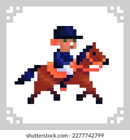 Un jinete de caballos. Jockey femenino en arte píxel, ilustración vectorial de estilo retro de 8 bits