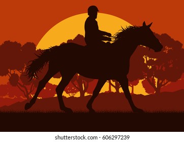 Horse rider and forest trees landscape with sunset vector background