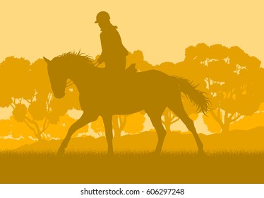 Horse rider and forest trees landscape with sunset vector background