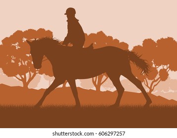 Horse rider and forest trees landscape with sunset vector background