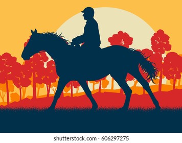 Horse rider and forest trees landscape with sunset vector background