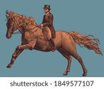 Horse rider. Hand drawn engraving. Editable vector vintage illustration. Isolated on color background. 8 EPS