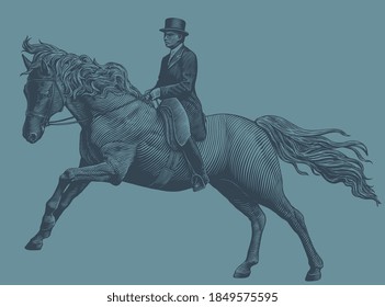 Horse rider. Hand drawn engraving. Editable vector vintage illustration. Isolated on color background. 8 EPS