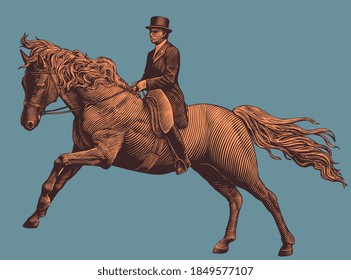 Horse rider. Hand drawn engraving. Editable vector vintage illustration. Isolated on color background. 8 EPS