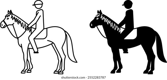 Ícones de Cavaleiro. Ilustração de vetor em preto e branco. Cavalo de corrida com Jockey em Cross Country Track