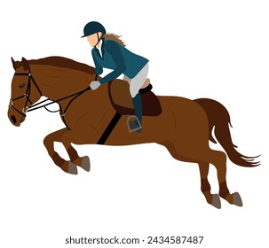 Horse rider, horse jump in equestrian sports. Vector illustration