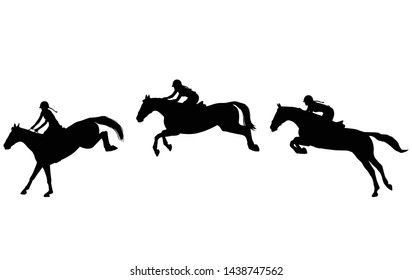 Horse rider jump in three steps, Jumping show. Equestrian sport. High quality silhouettes - vector