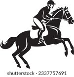 Horse and rider jumping, Basic simple Minimalist vector graphic, isolated on white background, black and white