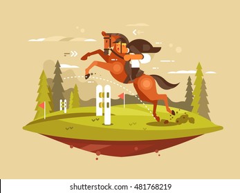 Horse and rider jumping hurdles