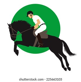 Horse and rider jumping on green background. Vector EPS10